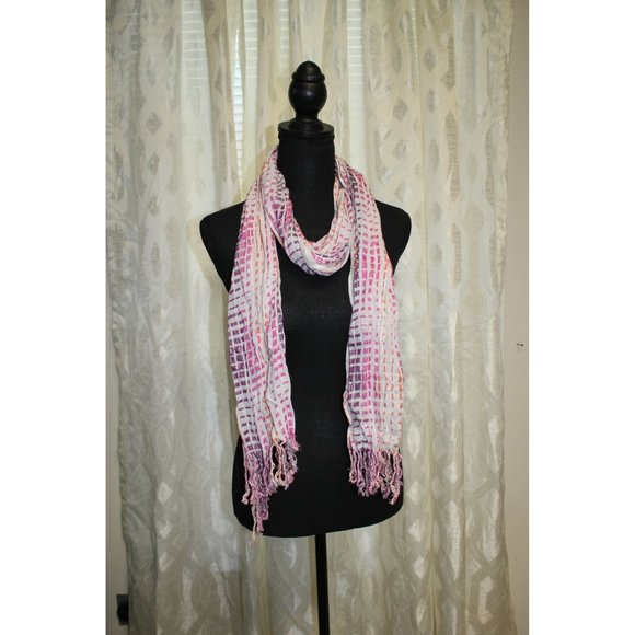 Scarf /73 inches / Cream scarf with purple, pink and orange. - Picture 1 of 8